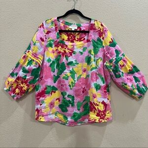 Charter Club Pink Floral Linen Square Neck Tunic Blouse Size XL Boho Resortwear